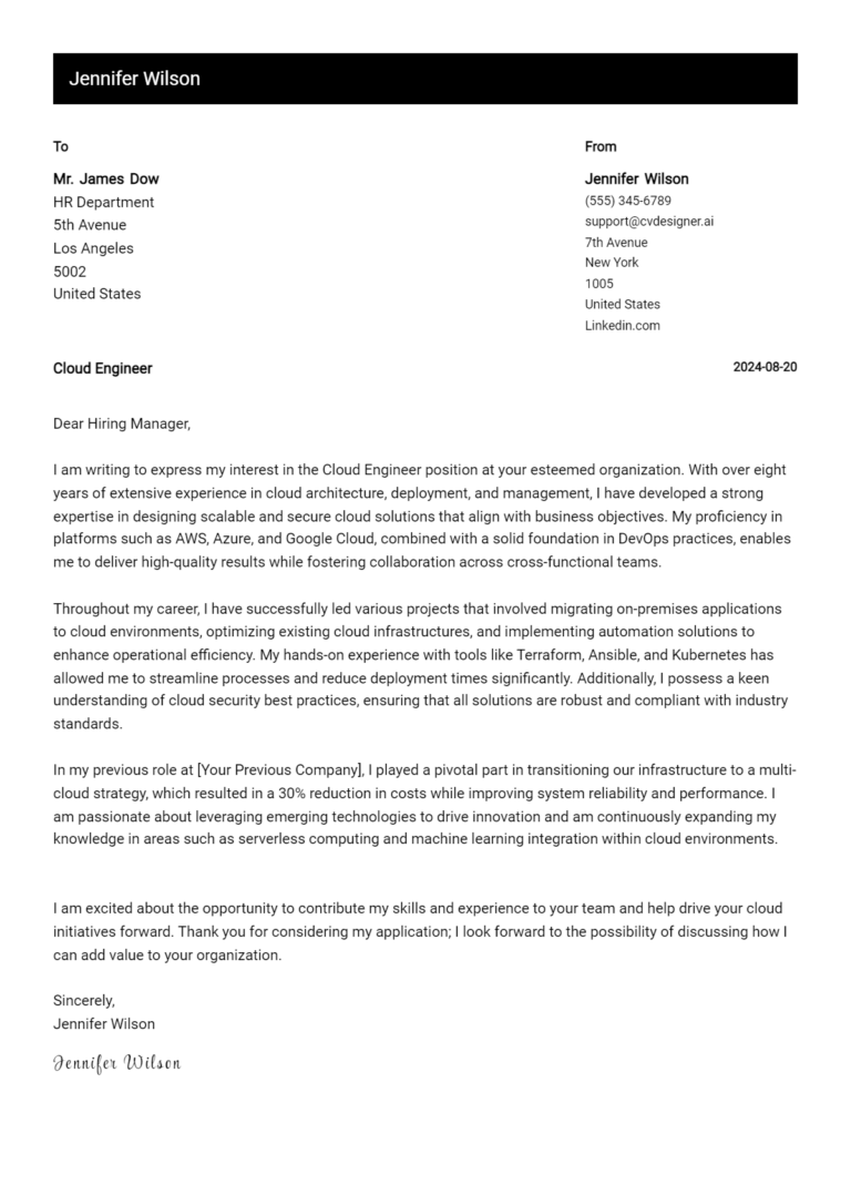 Cloud Engineer Cover Letter Example for 2025 (Download Templates)