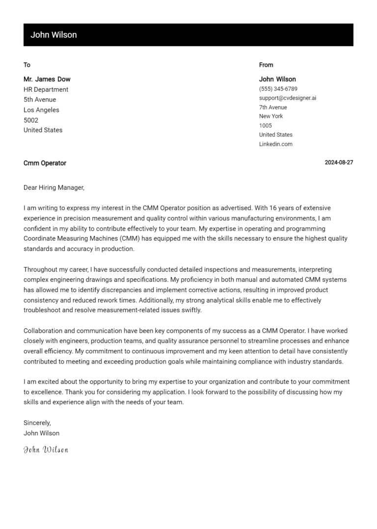 15 CMM Operator Cover Letter Examples for 2025: Proven Tips
