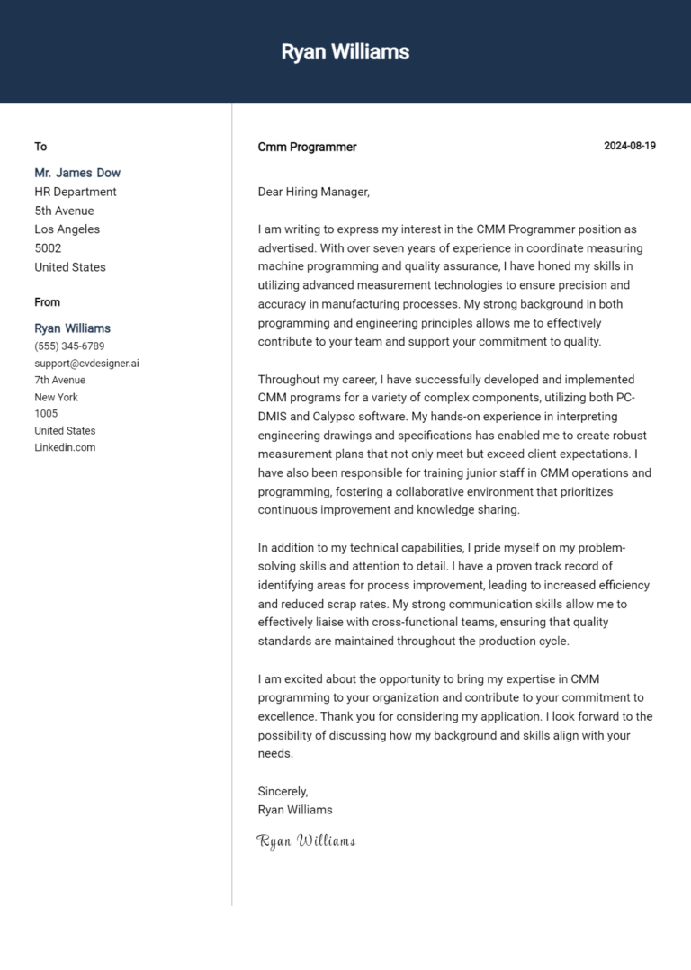 Cmm Programmer Cover Letter Example for 2025 (Free Templates)