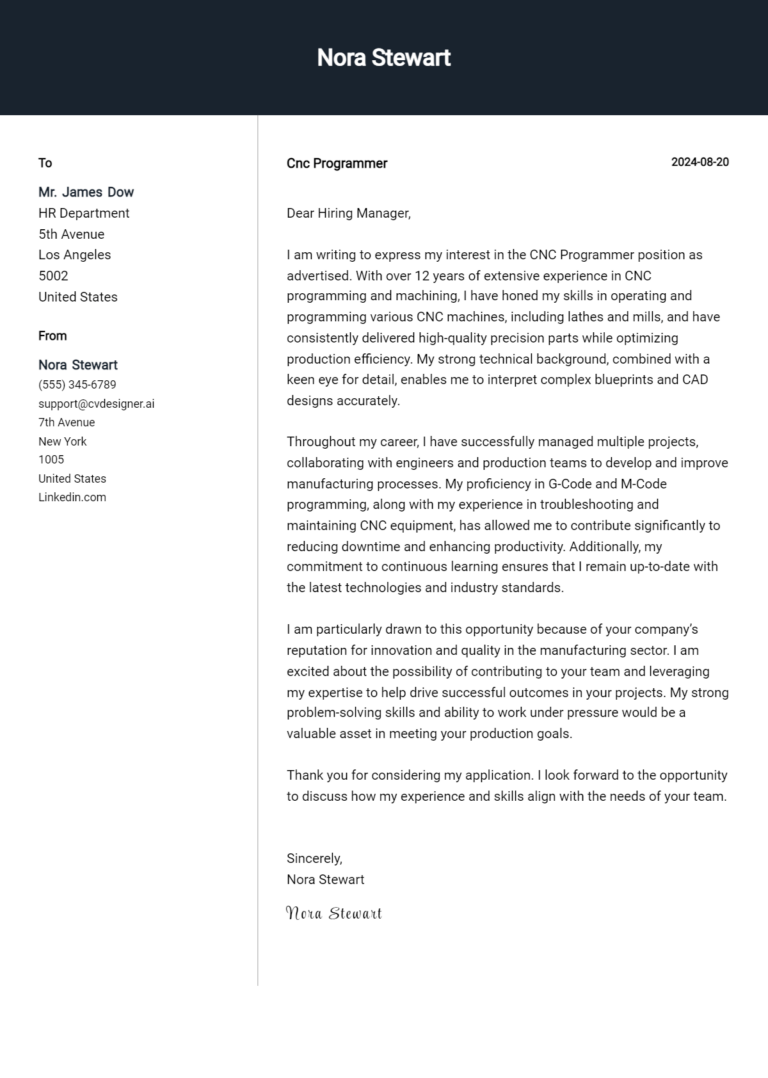 Cnc Programmer Cover Letter Samples & Examples 2025