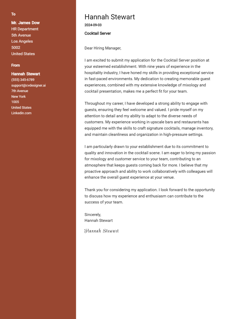 Cocktail Server Cover Letter Example for 2025: Top CV Skills
