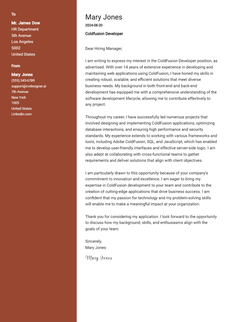 Coldfusion Developer Cover Letter Example for 2025: Top CV Skills