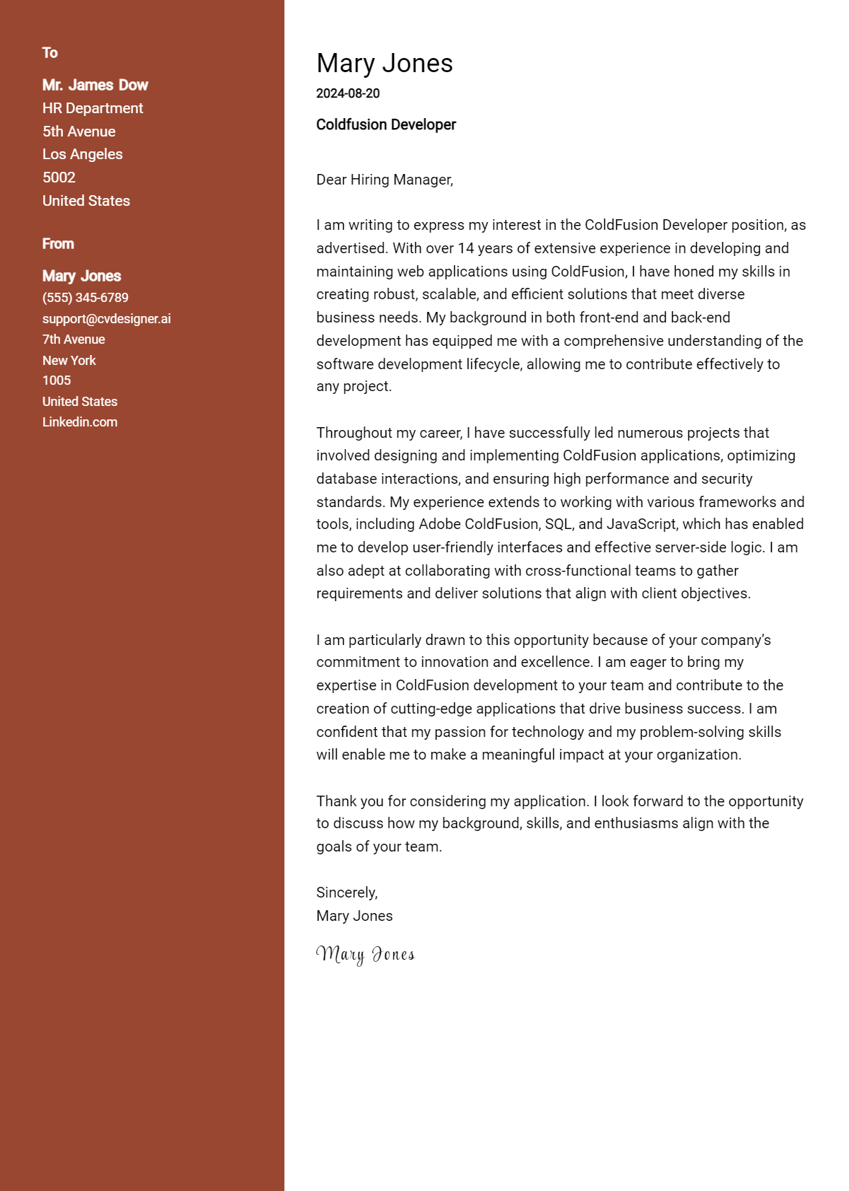 coldfusion developer cover letter example