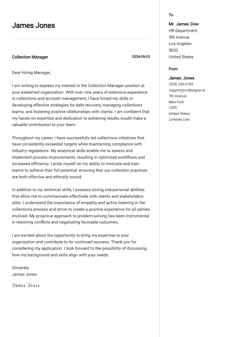 Collection Manager Cover Letter Samples & Examples 2025