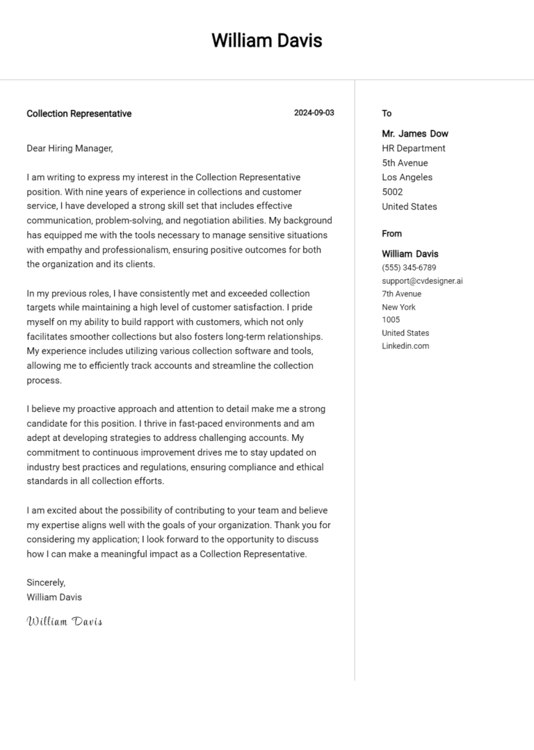 Collection Representative Cover Letter Example for 2025: Tips & Templates