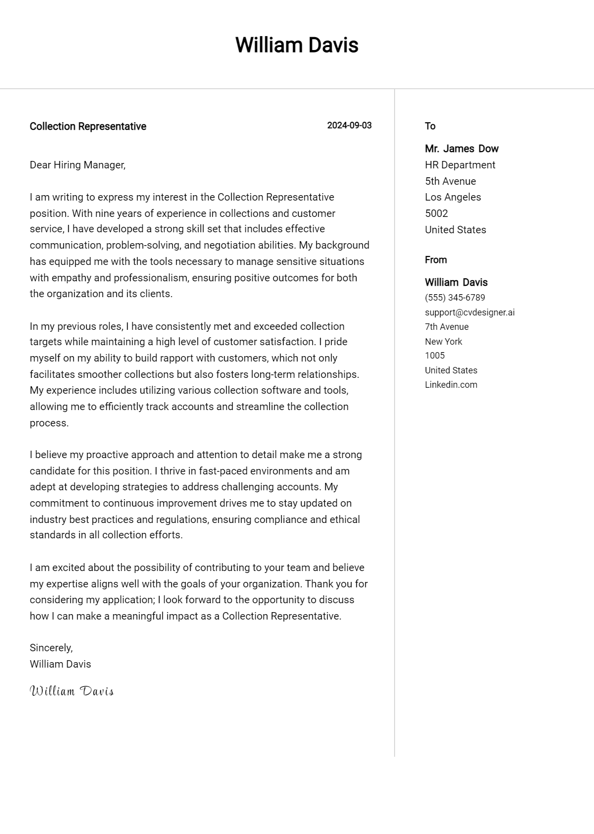 collection representative cover letter example