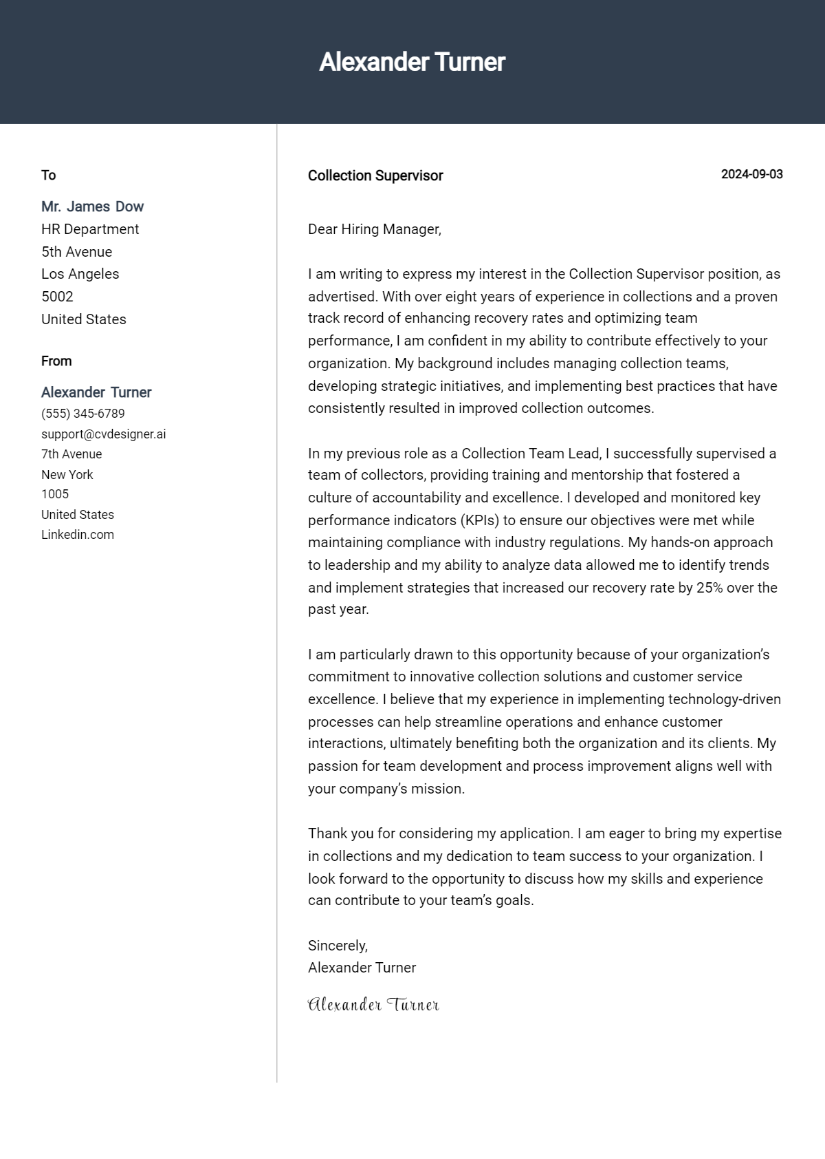 collection supervisor cover letter example