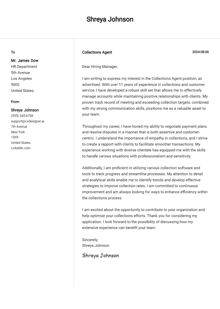 Collections Agent Cover Letter Examples & Samples for 2025