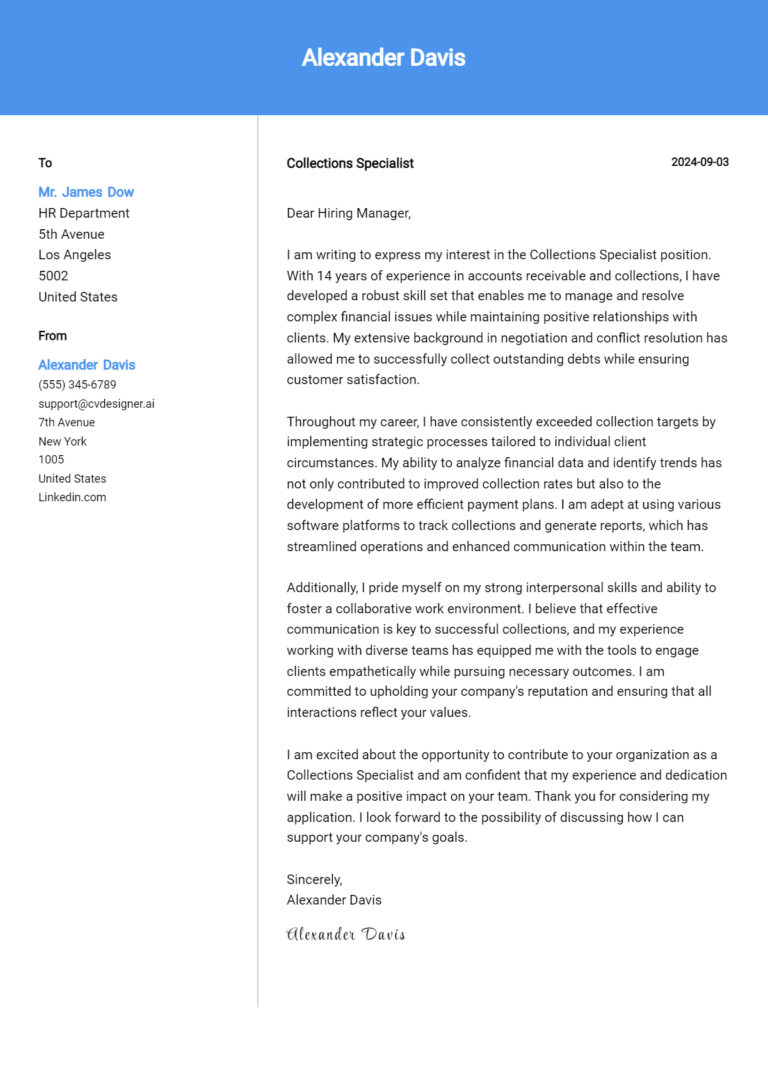 Collections Specialist Cover Letter Example for 2025: Tips & Templates