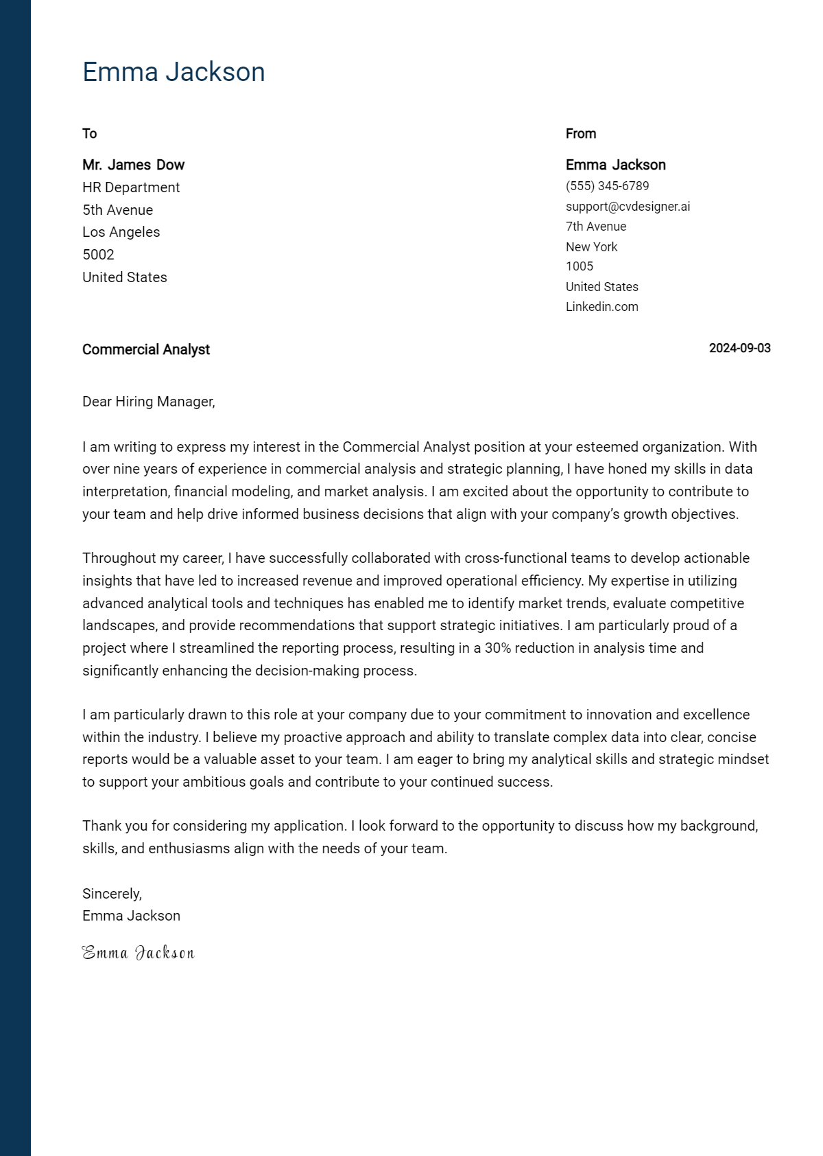 commercial analyst cover letter example