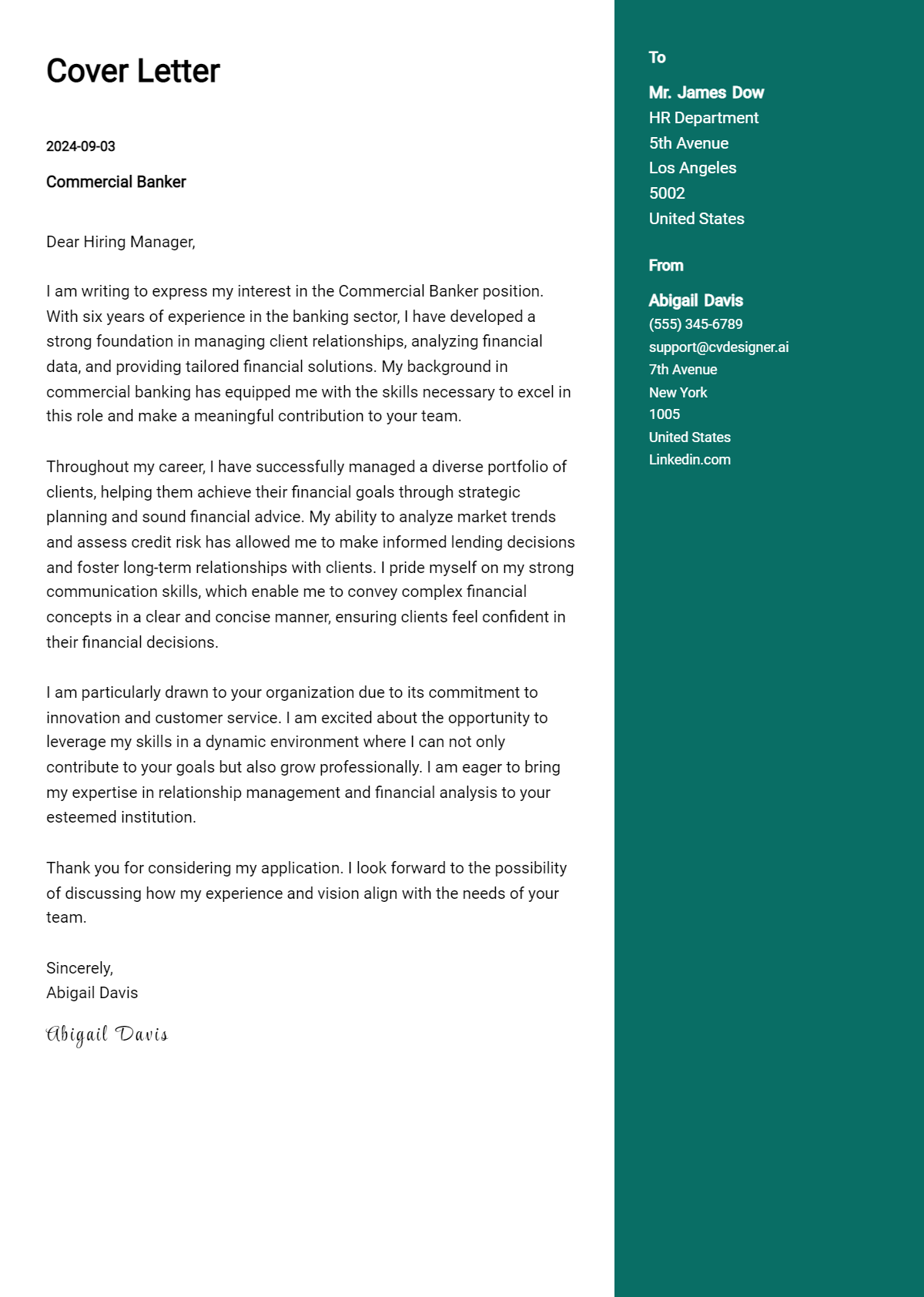 commercial banker cover letter example