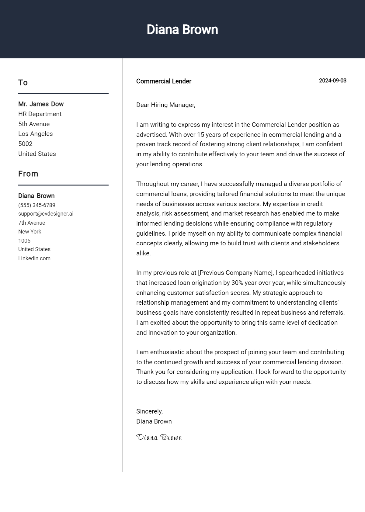 commercial lender cover letter example