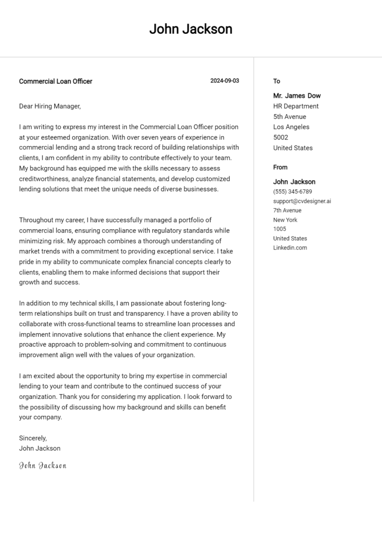 Commercial Loan Officer Cover Letter Examples & Samples for 2025