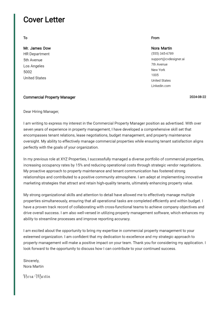 Commercial Property Manager Cover Letter Samples & Examples 2025