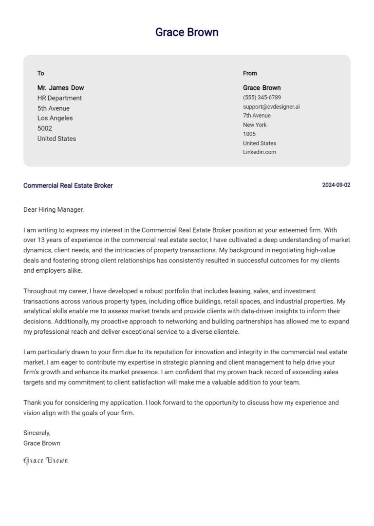 Commercial Real Estate Broker Cover Letter Example for 2025 (Download Templates)