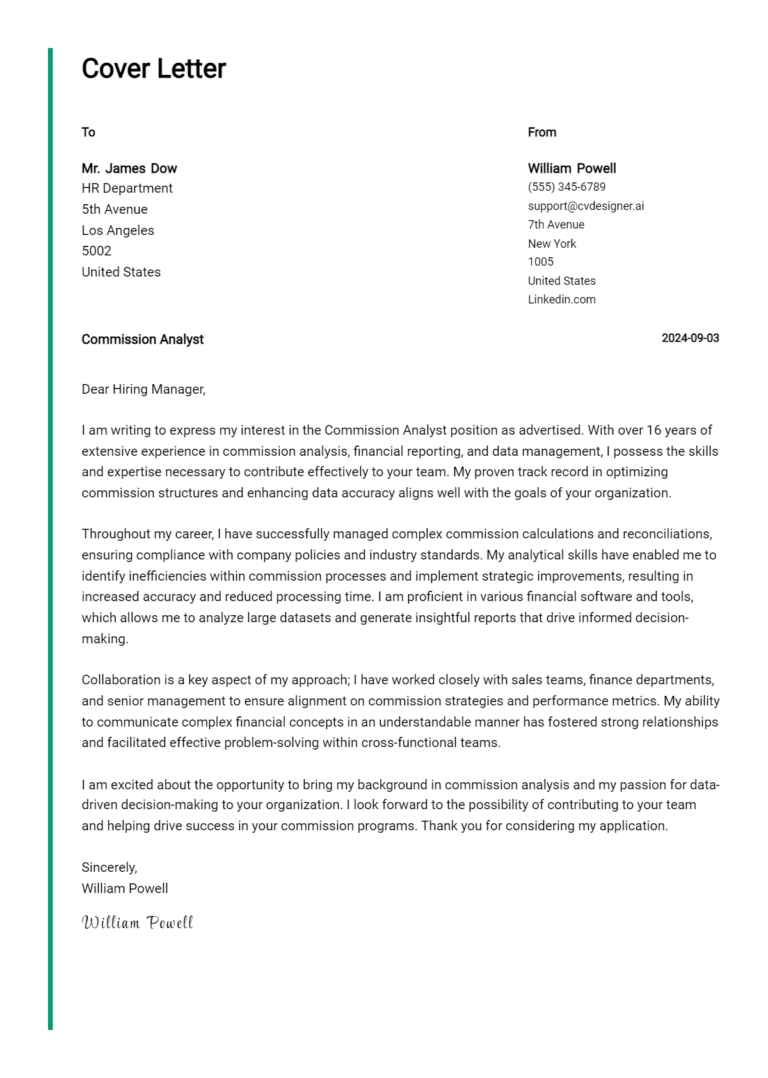 Commission Analyst Cover Letter Example for 2025 (Complete Writing Guide) 1 Commission Analyst Cover Letter Example for 2025 (Complete Writing Guide)