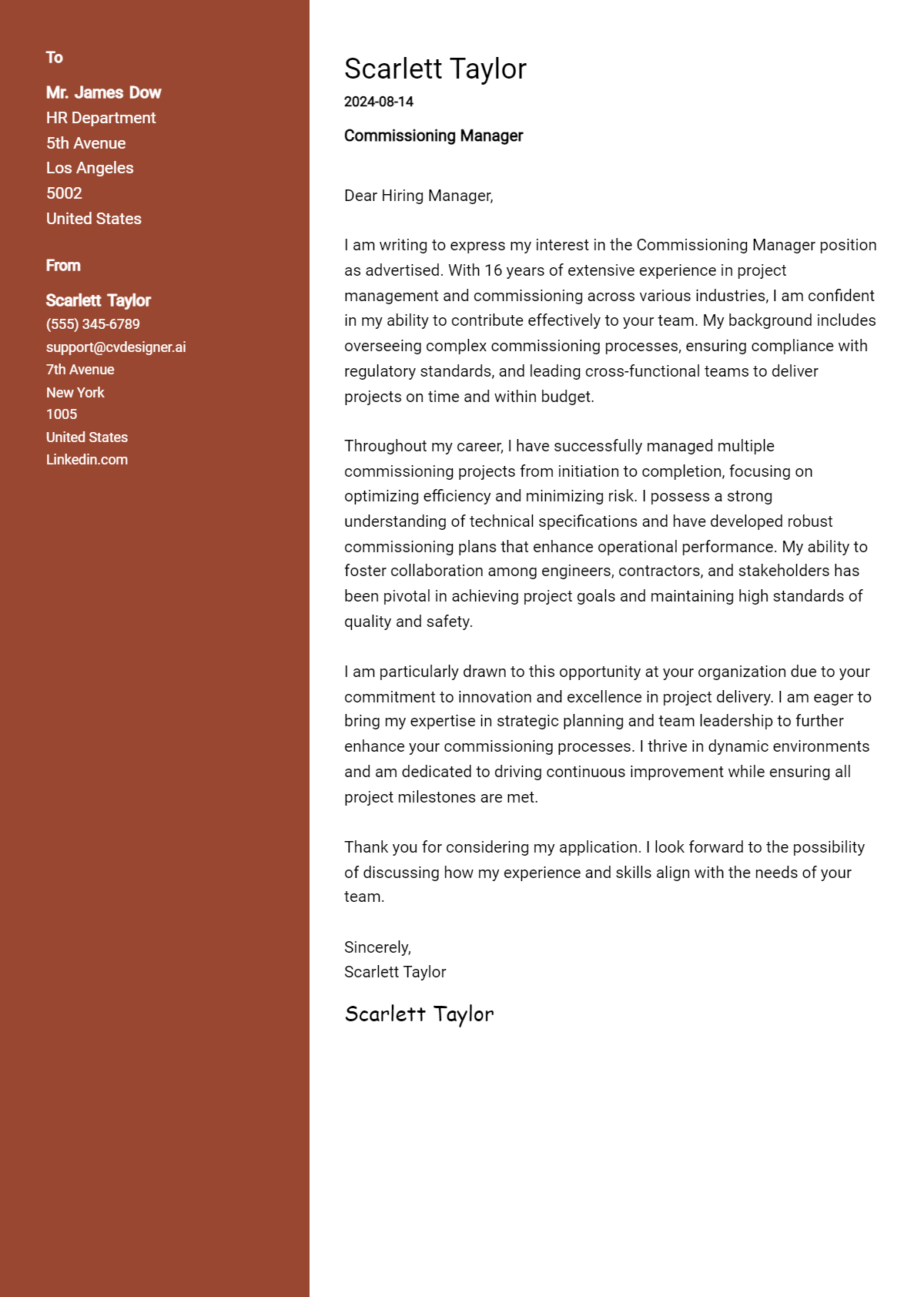 commissioning manager cover letter example