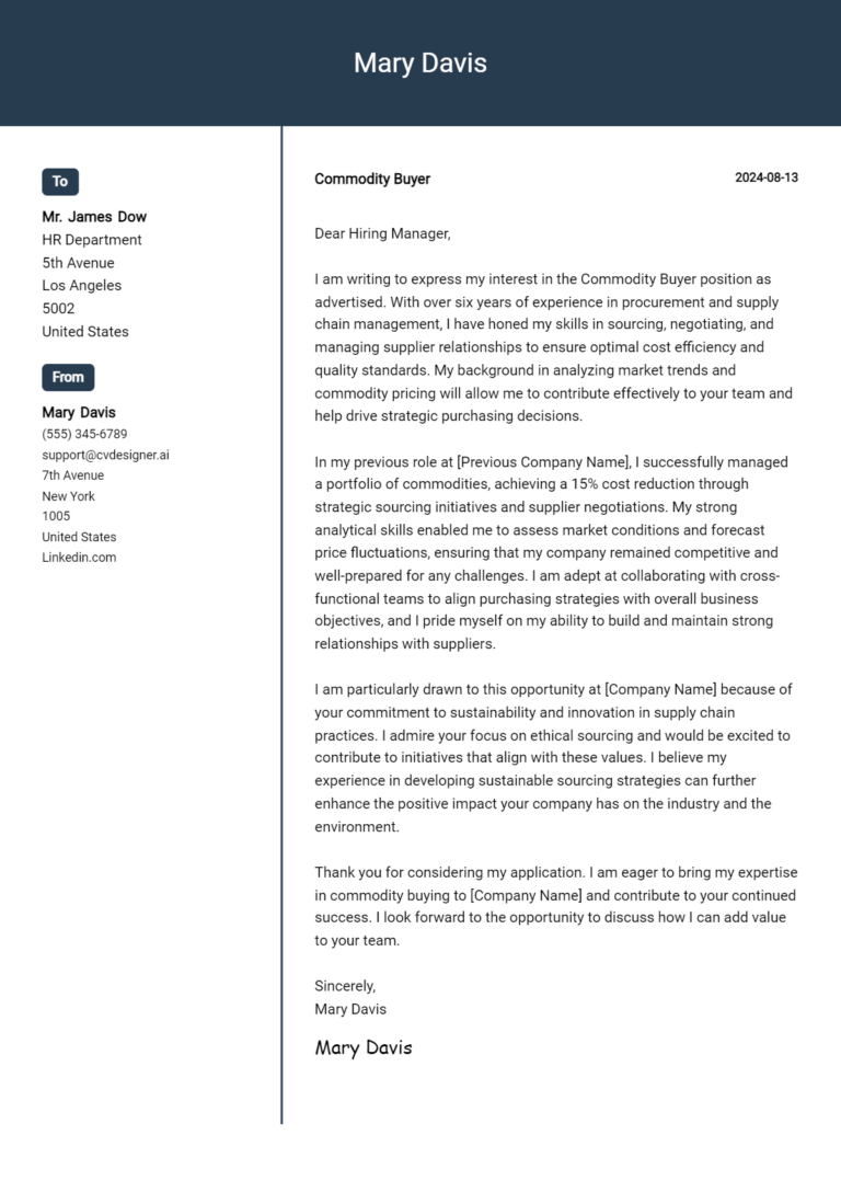 Commodity Buyer Cover Letter Example for 2025 (Complete Writing Guide)
