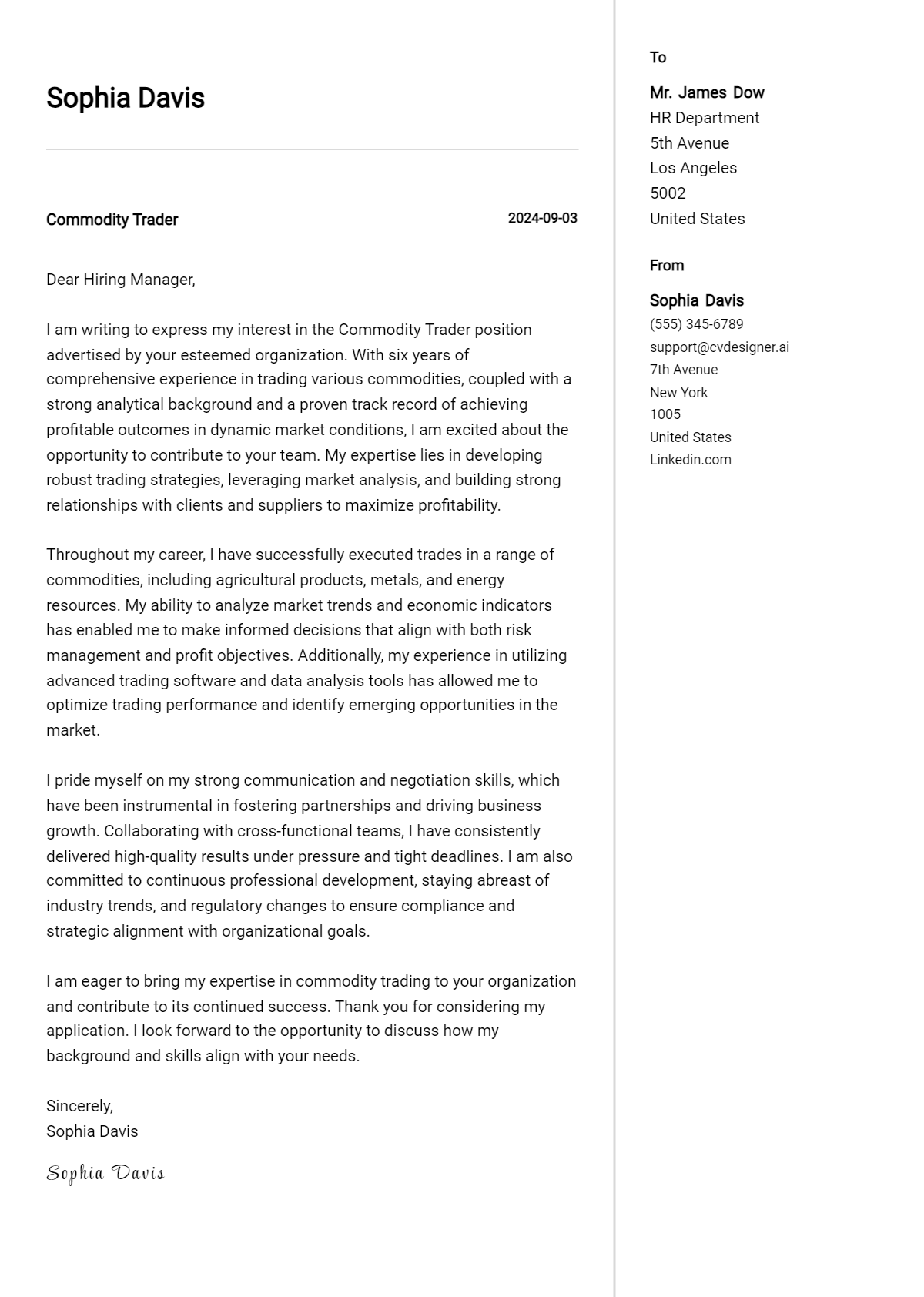 commodity trader cover letter example