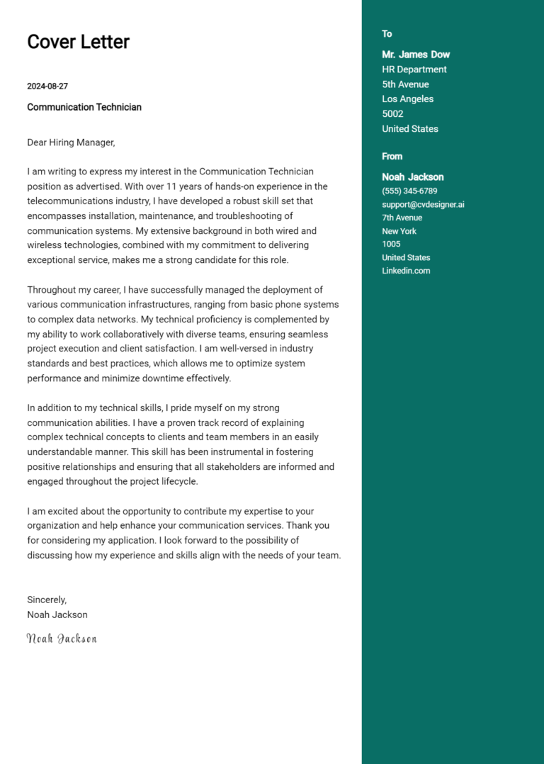 7 Communication Technician Cover Letter Example for 2025 (Writing Guide)