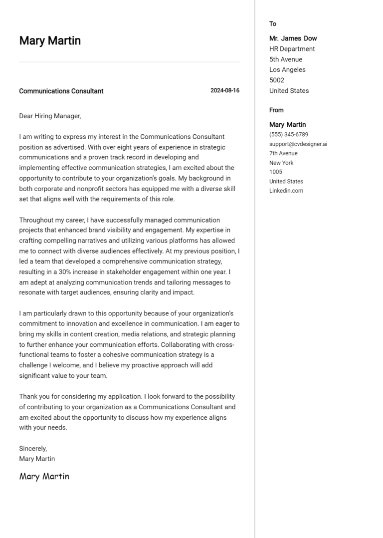 Communications Consultant Cover Letter Example for 2025 (Free Templates)