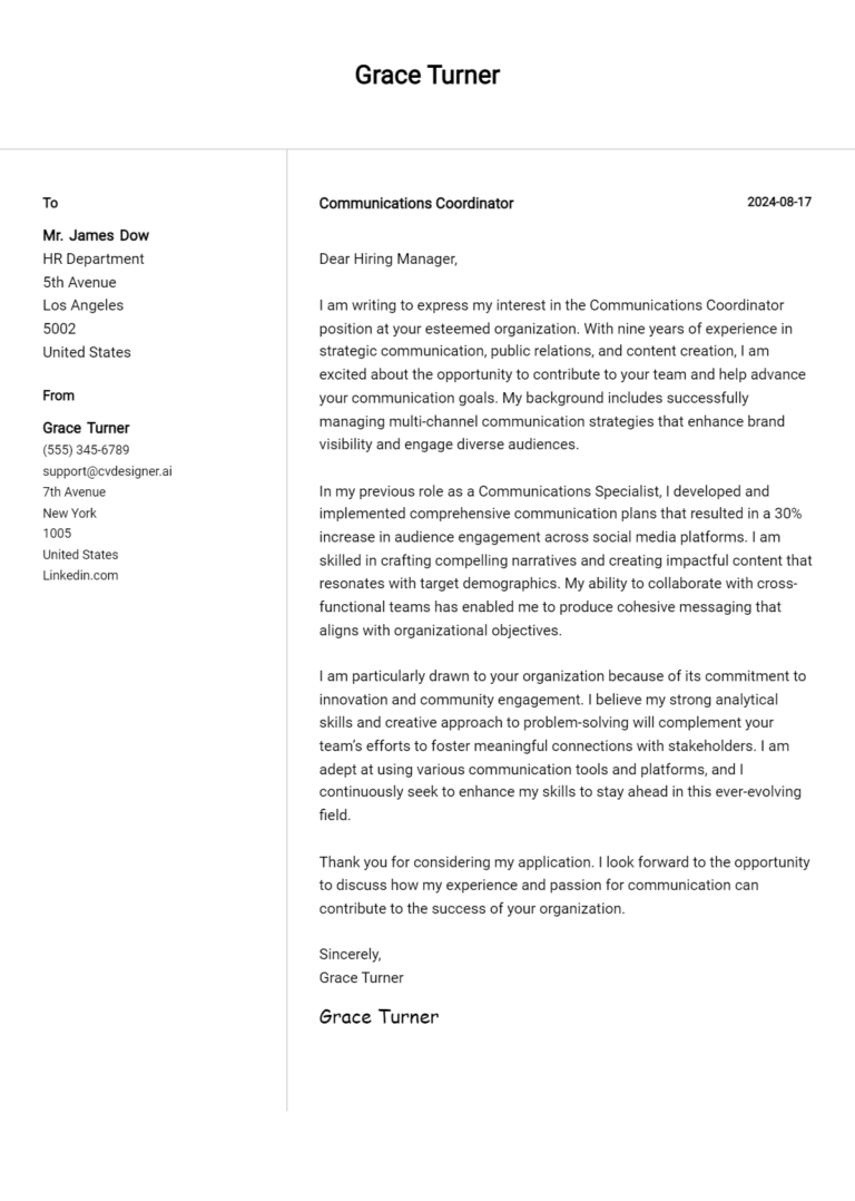 Communications Coordinator Cover Letter Example for 2025: Proven Tips 1 Communications Coordinator Cover Letter Example for 2025: Proven Tips