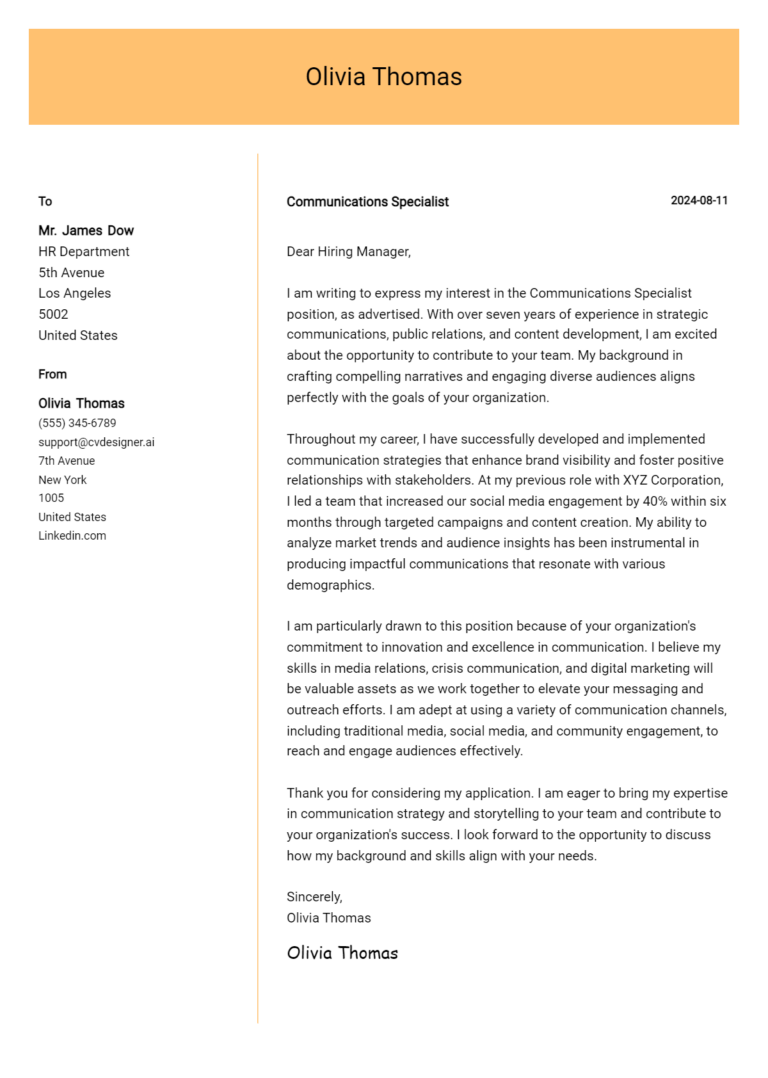 Communications Specialist Cover Letter Example for 2025 (Download Templates)