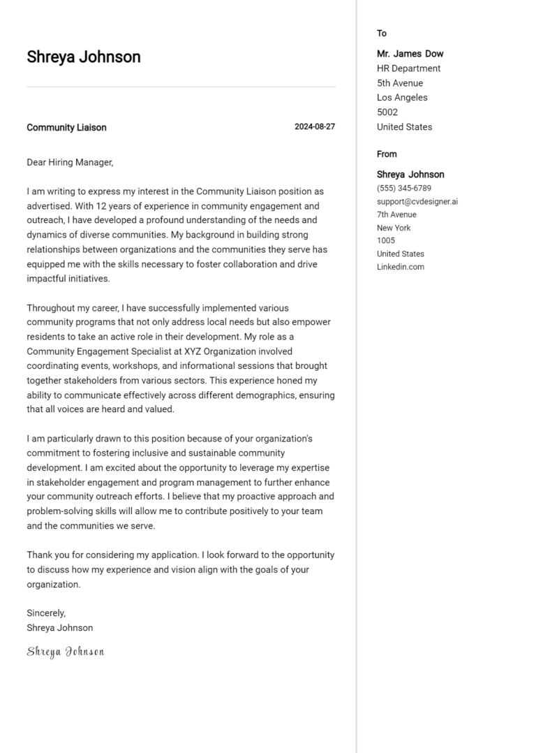 Community Liaison Cover Letter Example for 2025: Tips & Templates