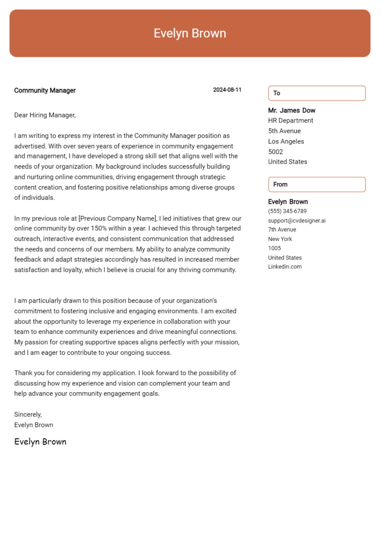Community Manager Cover Letter Example for 2025 (Free Templates)