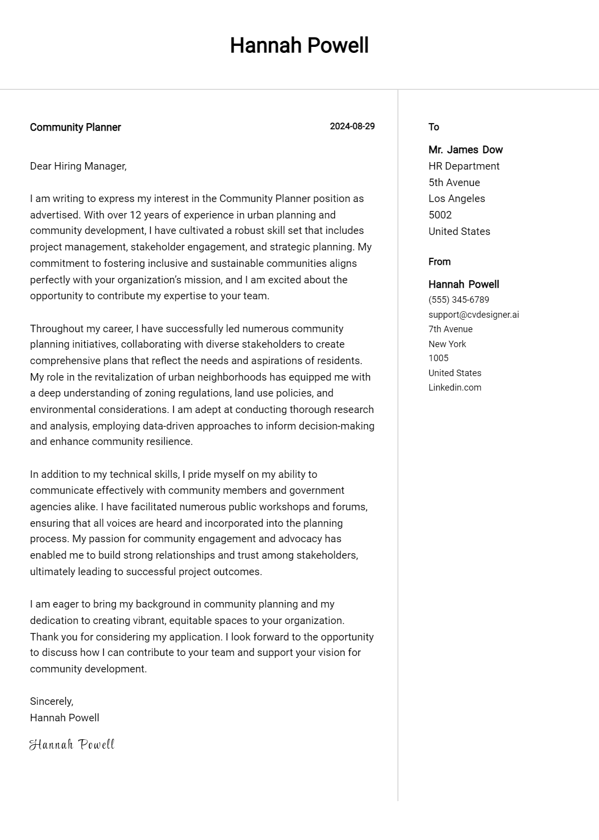 community planner cover letter example