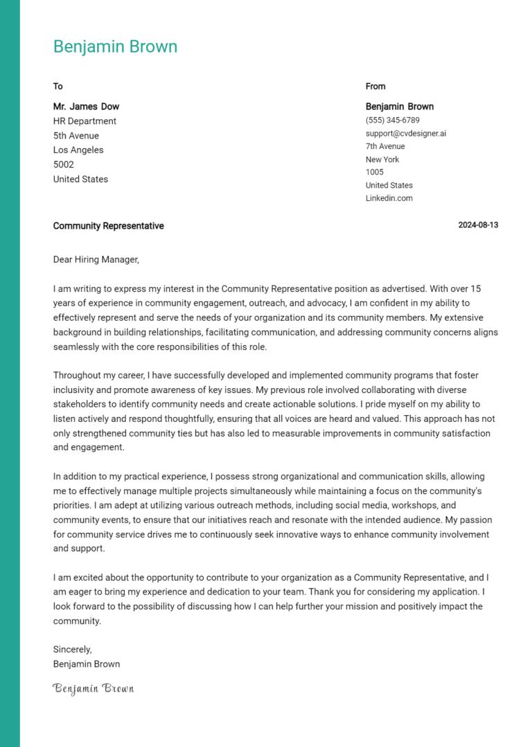 Community Representative Cover Letter Examples with Writing Tips for 2025