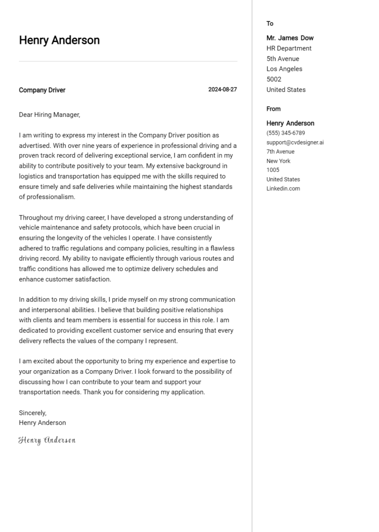 10 Company Driver Cover Letter Samples & Examples 2025