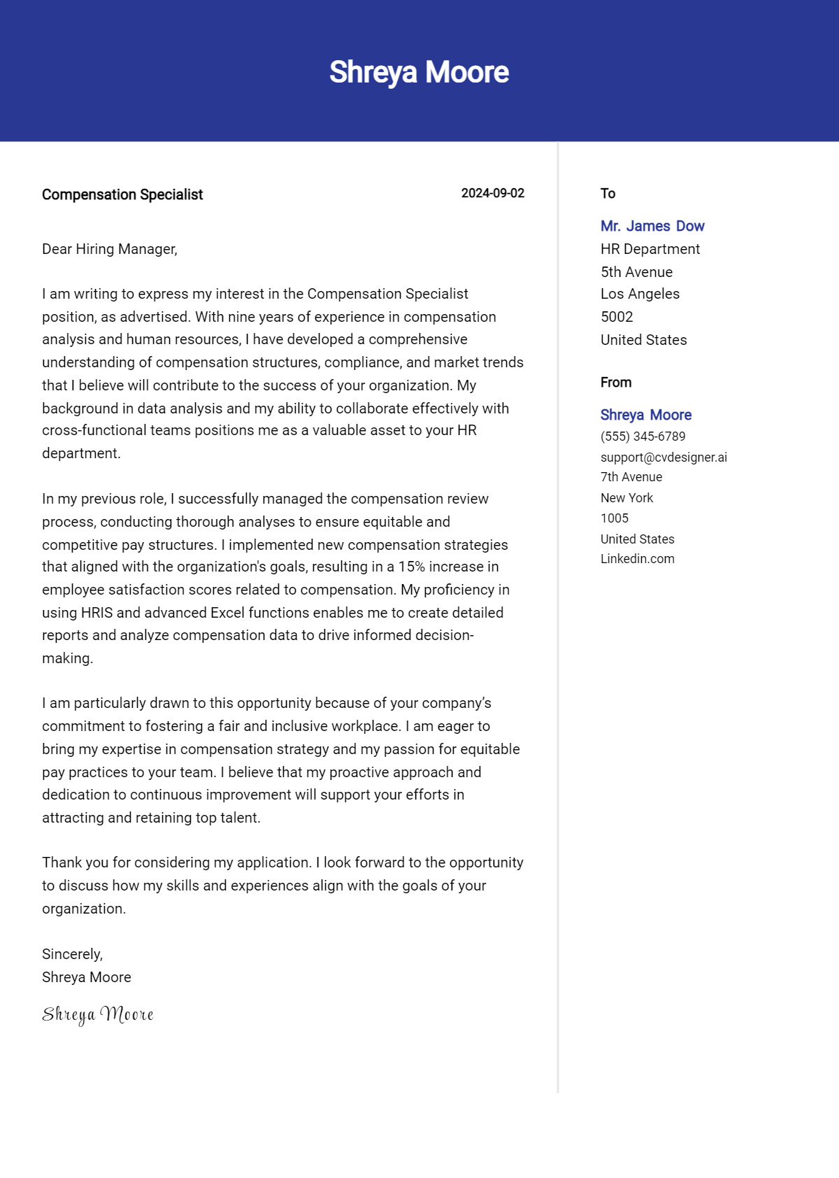 compensation specialist cover letter example