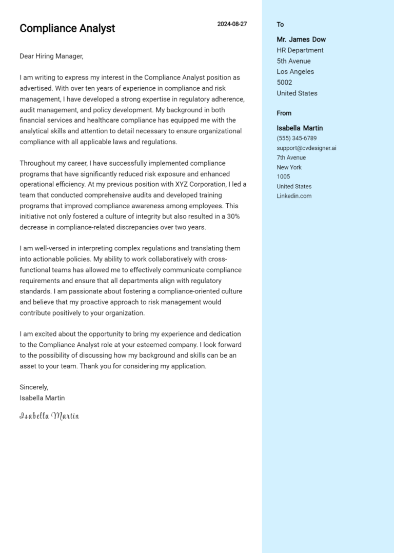 Compliance Analyst Cover Letter Example for 2025: Ultimate Guide