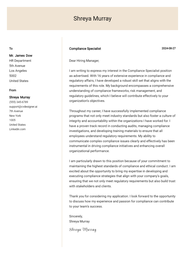 Compliance Specialist Cover Letter Example for 2025: Proven Tips