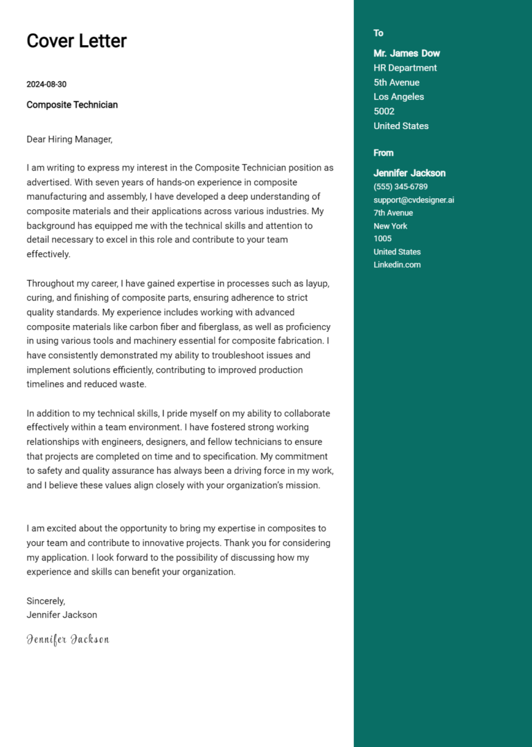 Composite Technician Cover Letter Examples for 2025 (Downloadable)