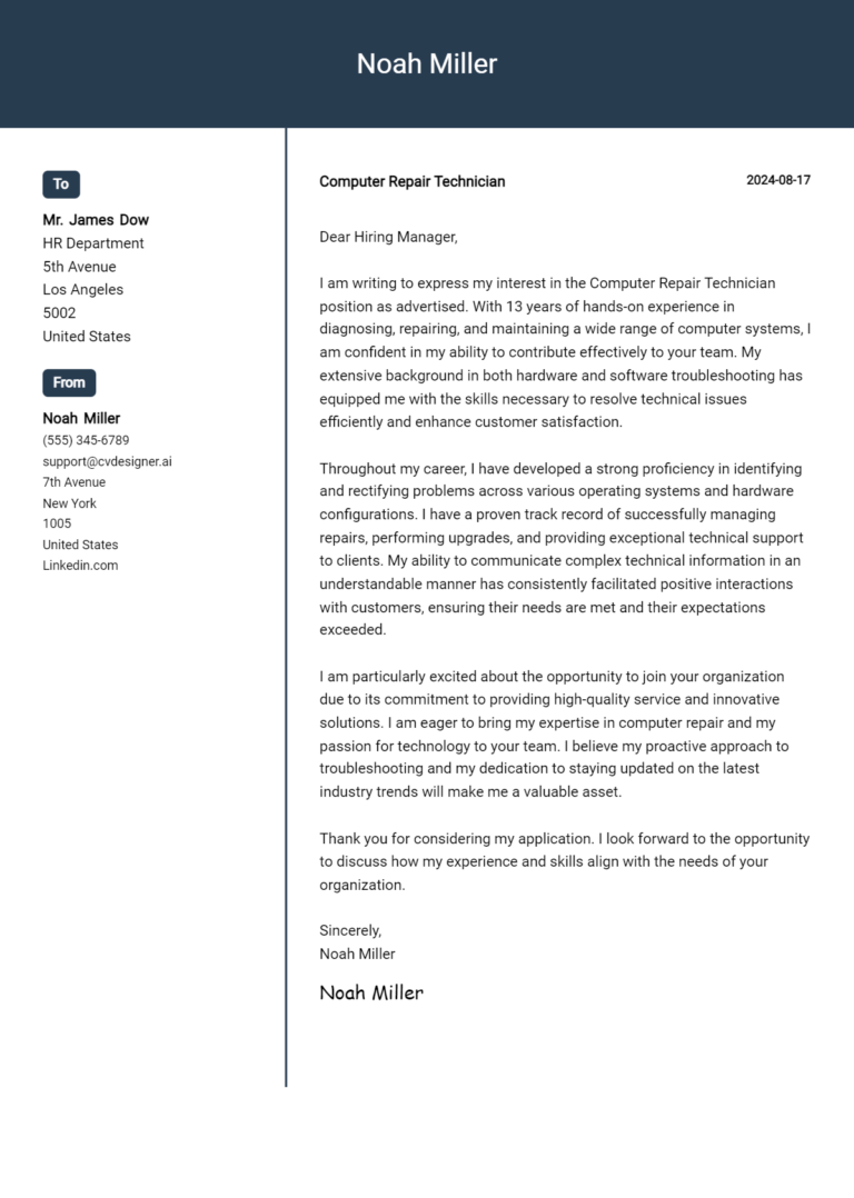 Computer Repair Technician Cover Letter Example for 2025 (Writing Guide) 1 Computer Repair Technician Cover Letter Example for 2025 (Writing Guide)