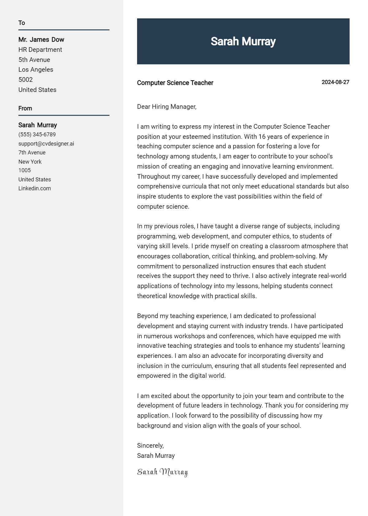 computer science teacher cover letter example