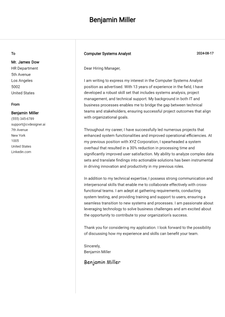 Computer Systems Analyst Cover Letter Example for 2025: Tips & Templates