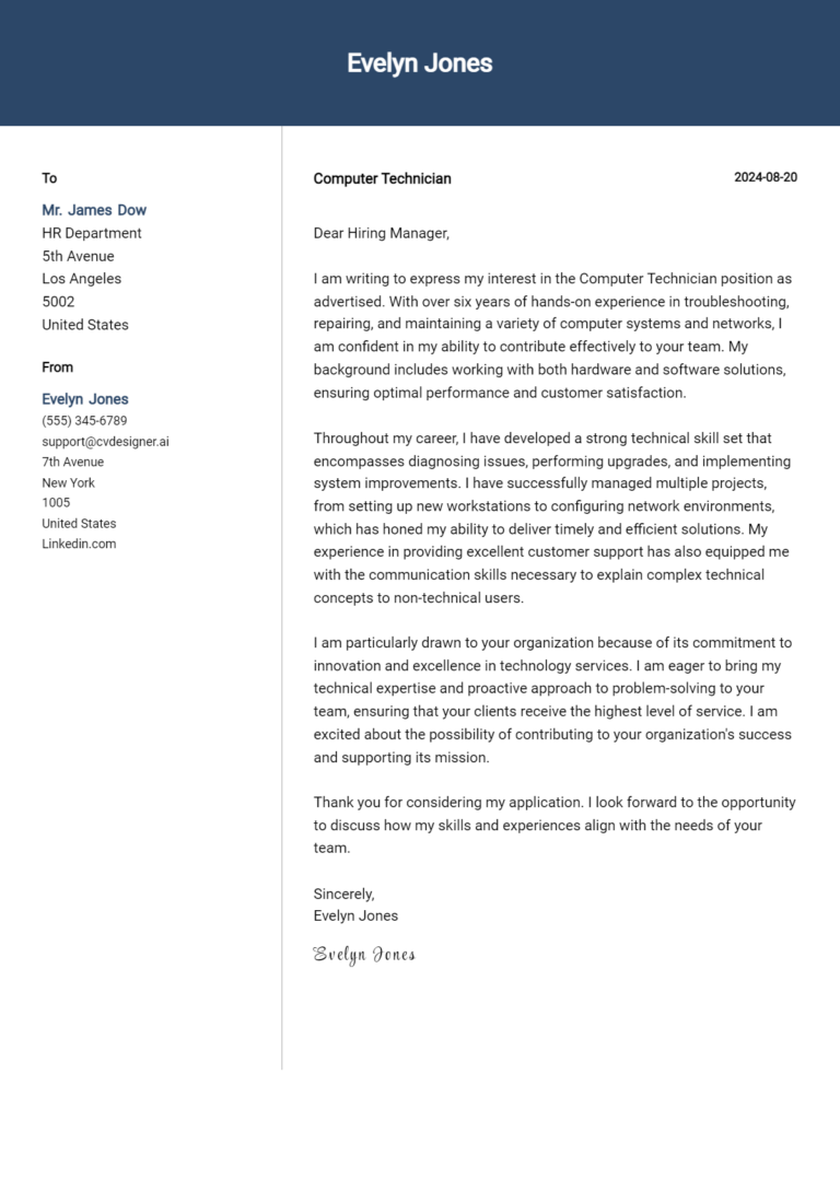 Computer Technician Cover Letter Samples & Examples 2025