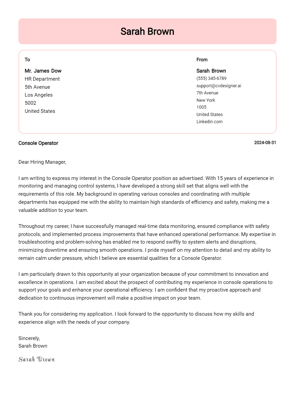 console operator cover letter example