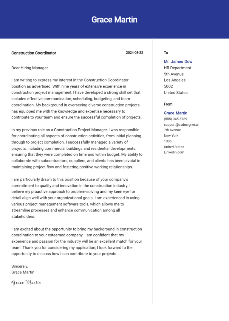 Construction Coordinator Cover Letter Example for 2025: Expert Tips & Templates