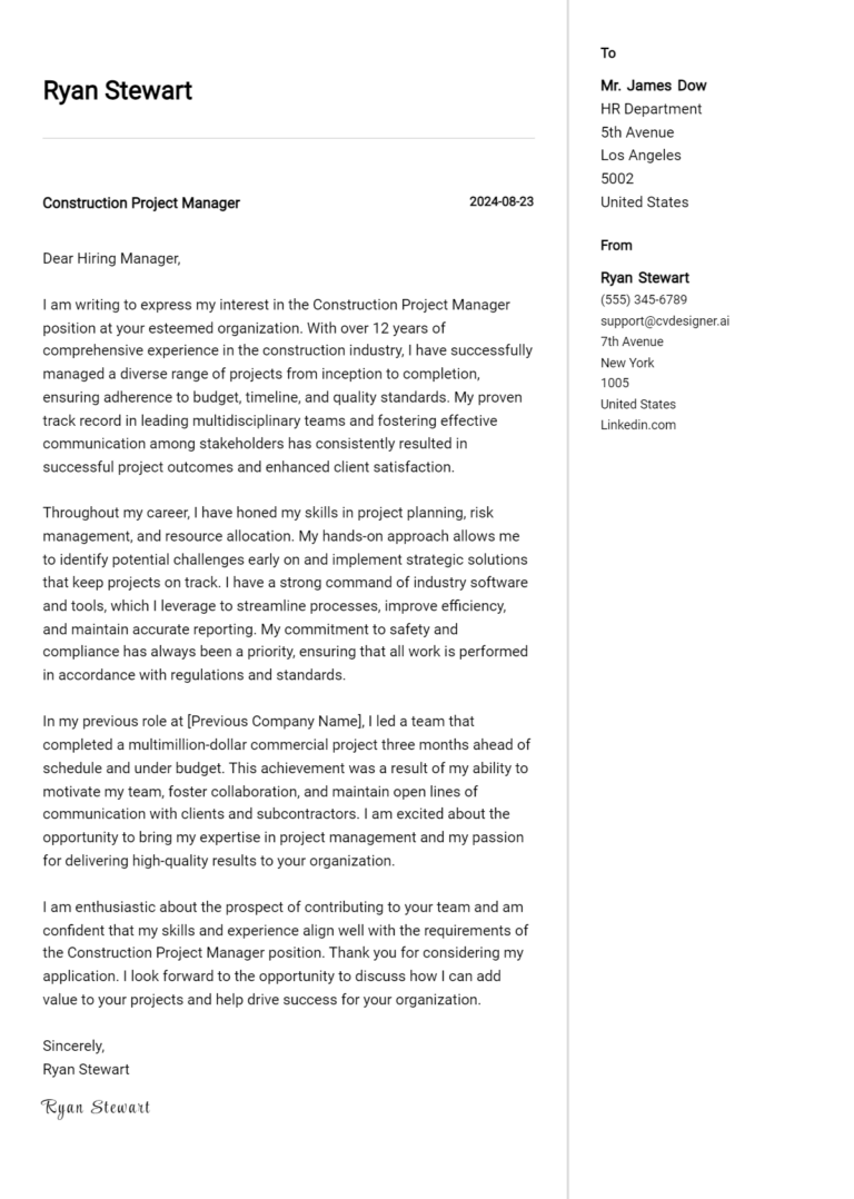 Construction Project Manager Cover Letter Example for 2025: Top CV Skills
