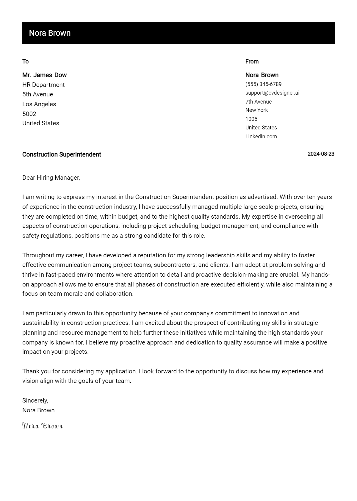 construction superintendent cover letter example