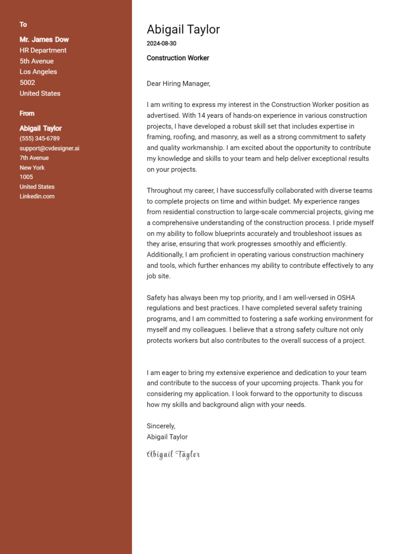 21 Construction Worker Cover Letter Examples for 2025: Ultimate Guide 1 21 Construction Worker Cover Letter Examples for 2025: Ultimate Guide