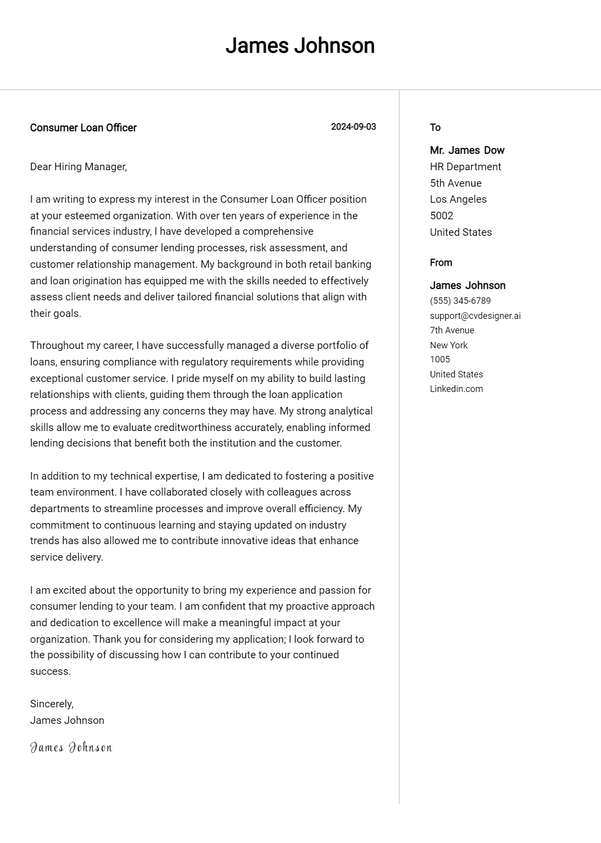 consumer loan officer cover letter example