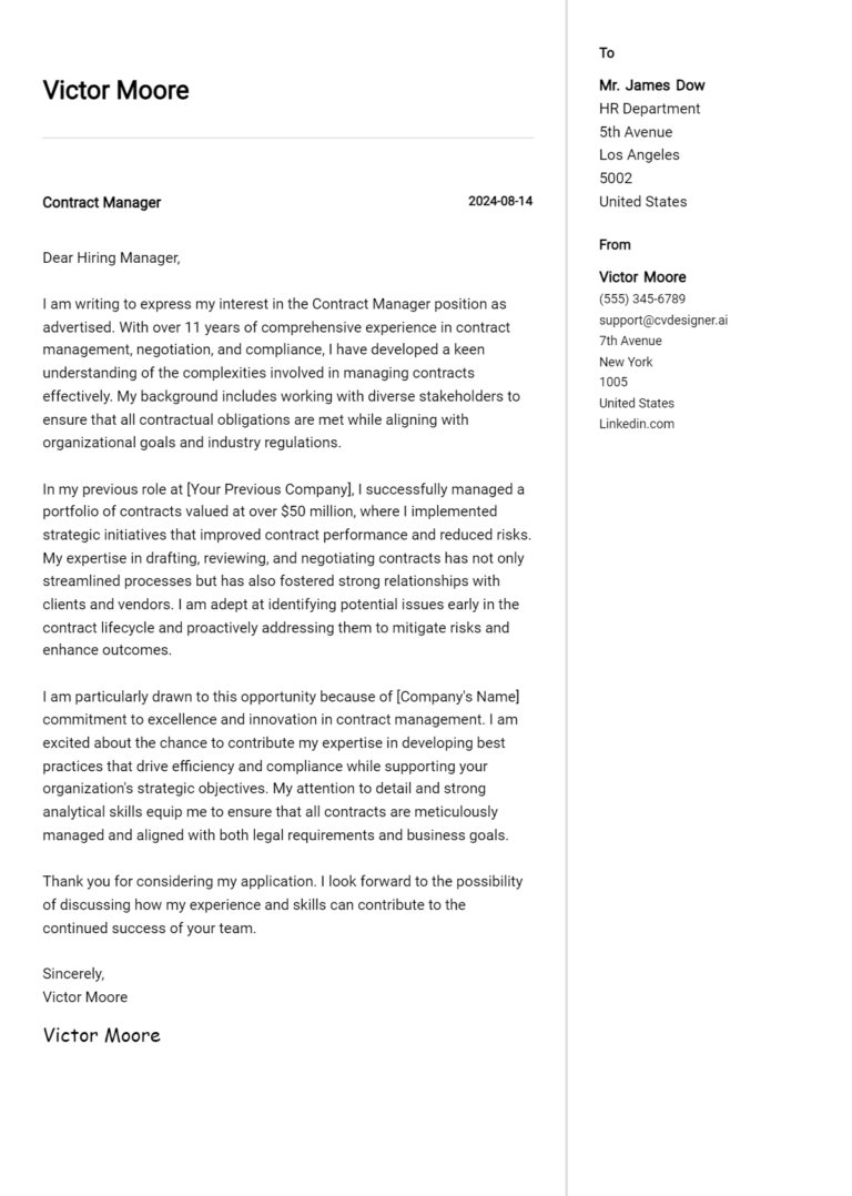 Contract Manager Cover Letter Examples for 2025 (Downloadable)