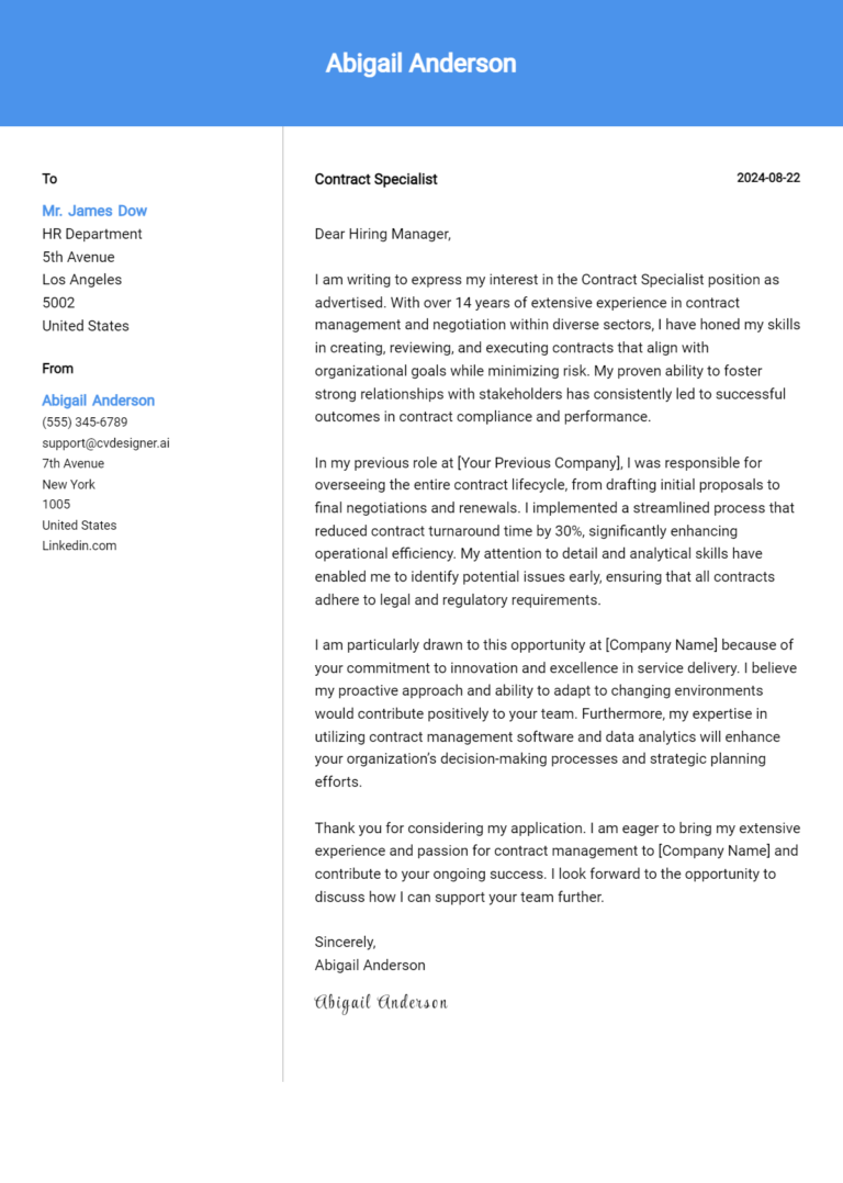 Contract Specialist Cover Letter Examples and Templates for 2025