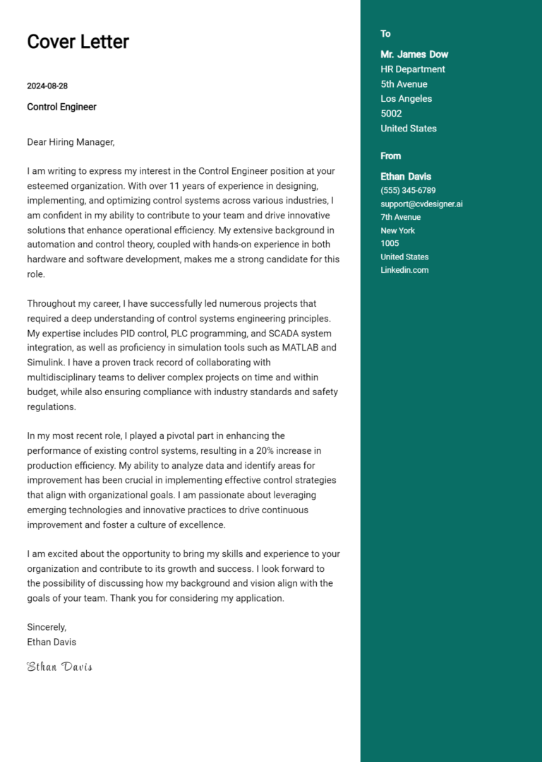 Control Engineer Cover Letter Example for 2025 (Writing Guide)