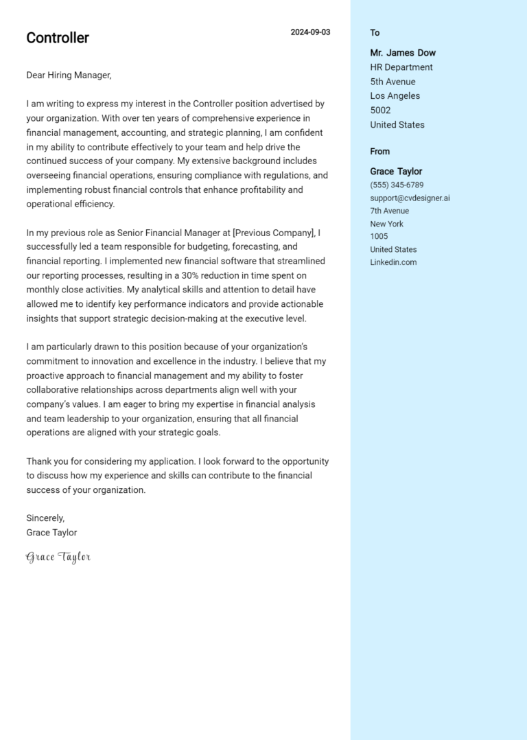 Controller Cover Letter Example for 2025 (Complete Writing Guide)